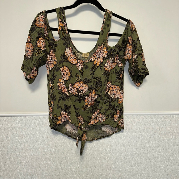 Women's True Craft Floral Cold Shoulder Top Size M Green Orange Blouse Tie Front - Picture 5 of 8